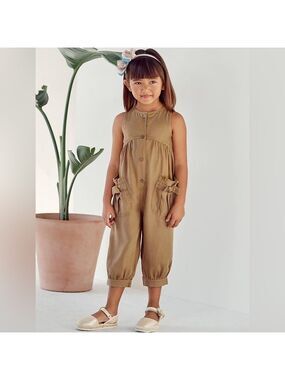 Size 4 Girls Mayoral Khaki Kids Romper with Bow Pockets